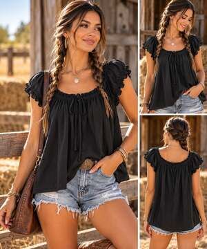 TANKANEO Black Babydoll Blouse Small Oversized Ruffle Sleeve Tie Neck